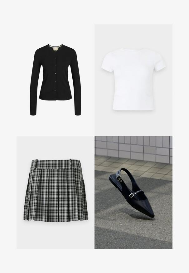 Zwarte lange mouw cardigan gemaakt van zachte stof, met een ronde halslijn, knoopsluiting, ribbels aan de onderkant en een gestructureerde pasvorm.; Effen wit T-shirt met korte mouwen en een ronde hals, getoond op een neutrale lichtgrijze achtergrond.; Zwart-wit geruite geplisseerde rok met een gladde tailleband en meerdere verticale plooien. Gemaakt van lichte stof.; Zwarte platte slingback met spits toelopende neus en dubbele gespsluitingen, rustend op grijs asfalt bij een achtergrond van betegelde muur.