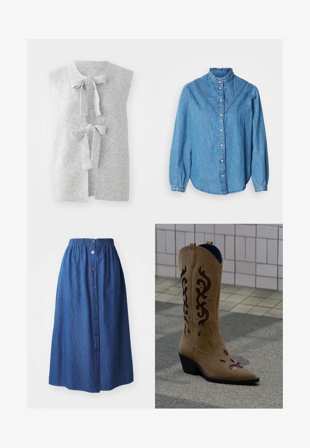 Chaleco de punto sin mangas en color gris, que presenta una textura de canalé y dos lazos en la parte delantera. Diseño de abertura frontal con un material suave y ligero.; Camisa azul de mezclilla con cuello alto con volantes, cierre frontal con botones y mangas largas. Presenta costuras decorativas y un dobladillo ligeramente curvado.; Falda de mezclilla con una cintura elástica, tela azul, de longitud completa, cierre frontal con botones y una textura sutil. Sin patrones o acentos visibles.; Bota de vaquero de ante color topo con recortes decorativos y costuras marrón oscuro, sobre la acera frente a una pared con azulejos.