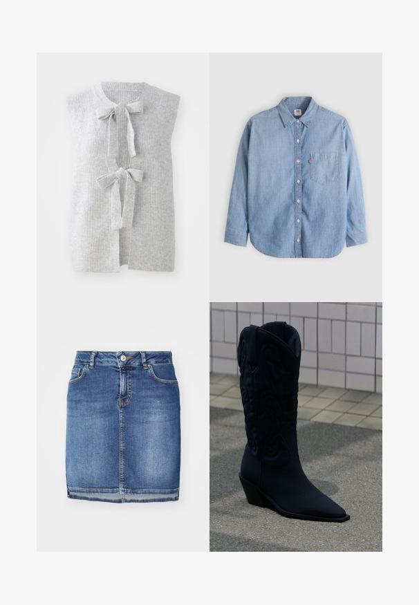 Grå, ærmeløs strikket vest med ribbet tekstur og to frontsløjfer. Åben frontdesign med et blødt, let materiale.; Lyseblå denimskjorte med button-down-krave, forlompe og lange ærmer. Har en buet kant og en subtil tekstur.; Mørkeblå denim nederdel med lige snit, fem lommer, bæltestropper og knaplukning. Taperet kant med kontrastsyning.; Sort cowboystøvle med dekorative syninger og skråt hæl på gråt fortov nær væg med fliser i baggrunden.