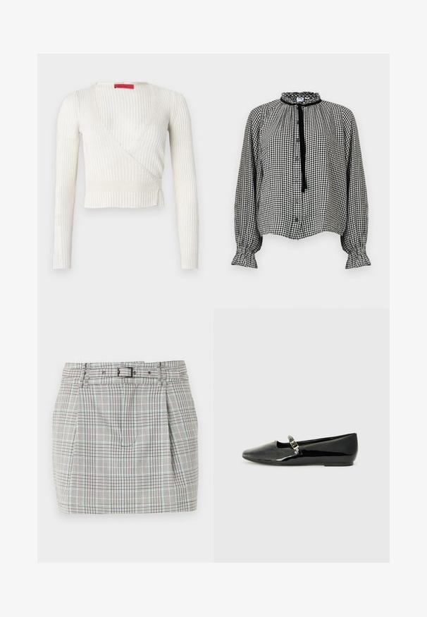 Haut cache-cœur à manches longues blanc à côtes, présentant un décolleté en V profond et une taille cintrée. Le tissu est doux, léger, avec peu de détails.; Blouse à manches longues en vichy noir et blanc avec col et poignets à volants, boutonnage sur le devant, et un ruban noir noué au cou.; Mini-jupe à carreaux gris taille haute avec plis frontaux et ceinture assortie ajustable avec boucle noire.; Ballerines en cuir verni noir avec un bout pointu, une sangle à la cheville avec une boucle dorée et un design minimaliste. Semelle plate et texture brillante.