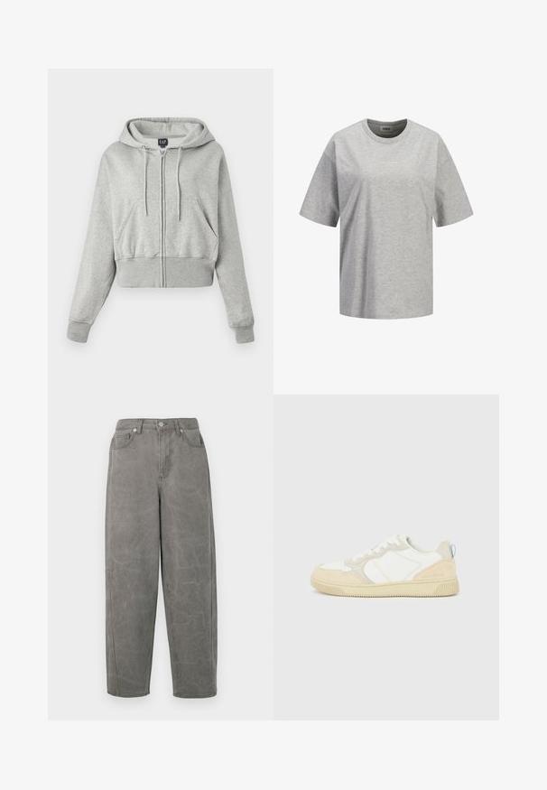Haut gris coupé en tissu doux, avec une fermeture éclair à l'avant, une capuche avec cordon de serrage et deux poches avant avec des poignets côtelés.; T-shirt gris clair à manches courtes avec col rond, portant un petit logo blanc "JJXX STUDIO" centré sur la poitrine.; Pantalons en denim gris avec une coupe décontractée, taille haute, design à cinq poches et décoloration subtile. Comprend une fermeture éclair et un bouton en métal.; Baskets blanches et beiges avec dessus en suède et textile, présentant des coutures contrastées, une semelle en caoutchouc et un accent bleu clair sur le talon.