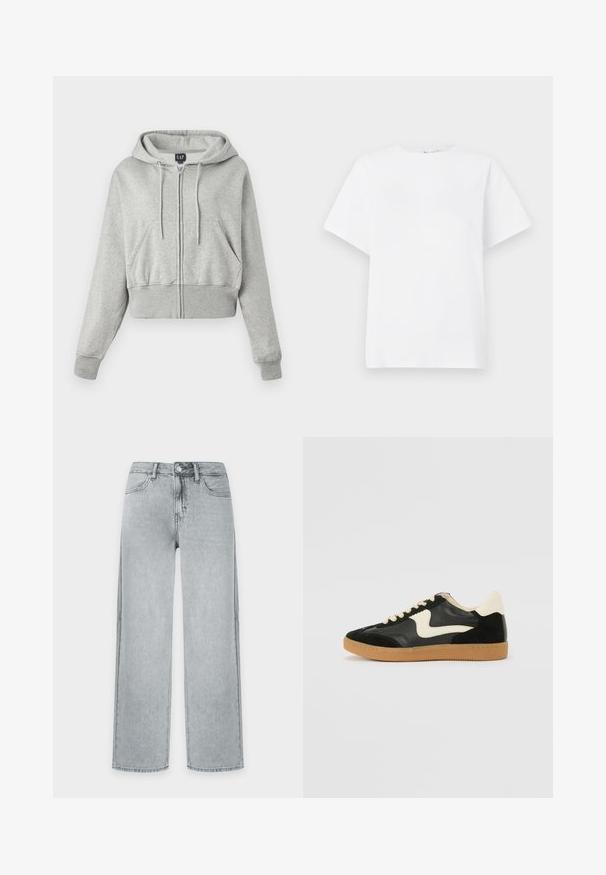 Haut gris coupé en tissu doux, avec une fermeture éclair à l'avant, une capuche avec cordon de serrage et deux poches avant avec des poignets côtelés.; T-shirt blanc à manches courtes en coton. Doté d'un col rond, d'une coupe décontractée et d'une texture lisse sans motifs ni accents.; Jean droit de couleur claire avec cinq poches, fermeture par bouton et passants pour ceinture, présenté sur un fond blanc uni.; Baskets en daim et cuir noir avec un swoosh latéral crème et un talon crème clair. Dotées de lacets beige et d'une semelle en caoutchouc gomme.