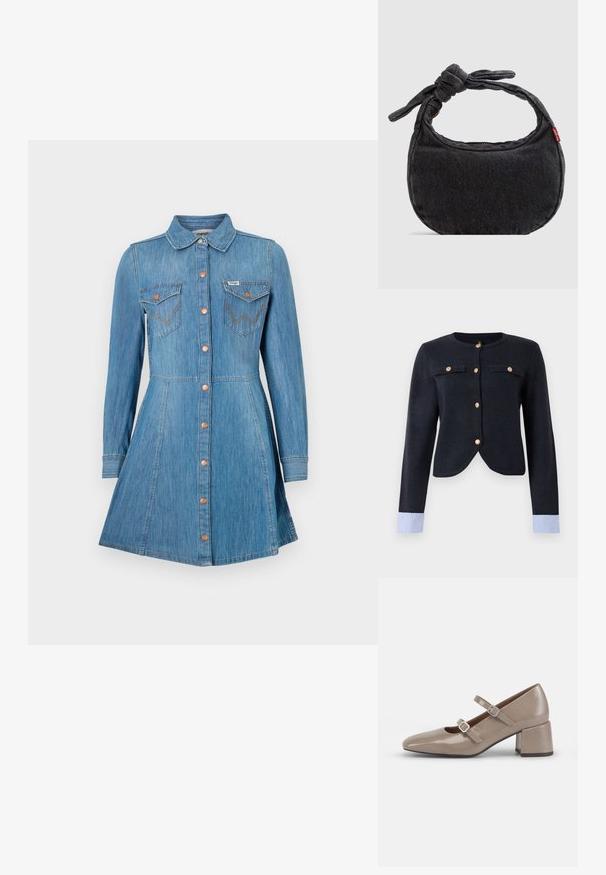 Cardigan tricot marine avec un col rond, fermeture à boutons, deux poches avant et des poignets rayés bleu clair. Tissu texturé et coupe ajustée.; Robe en denim bleu à manches longues, avec un devant à boutons, deux poches poitrine et une jupe évasée. Comprend des boutons en ton cuivré et des coutures contrastées.; Chaussure Mary Jane en cuir verni beige avec un bout pointu, deux sangles ajustables et un talon épais et carré. Texture lisse et matériel minimal.; Petit sac d'épaule en denim noir avec une sangle nouée et une fermeture éclair, arborant une étiquette en tissu rouge Levi's sur le côté.