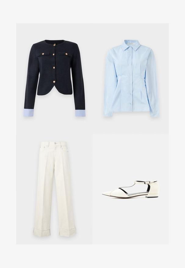 Cardigan tricot marine avec un col rond, fermeture à boutons, deux poches avant et des poignets rayés bleu clair. Tissu texturé et coupe ajustée.; Chemise à manches longues bleu clair avec un col pointu, texture unie et coutures créant une coupe ajustée. Cinq boutons sur le devant.; Pantalons larges en crème fabriqués en coton, avec un ourlet replié et des passants de ceinture. Conçus avec deux poches avant et une fermeture à bouton sur le devant.; Chaussure plate blanche à bout pointu avec lanière en T et boucle à la cheville, talon bas, et côtés découpés, présentée sur un fond neutre.