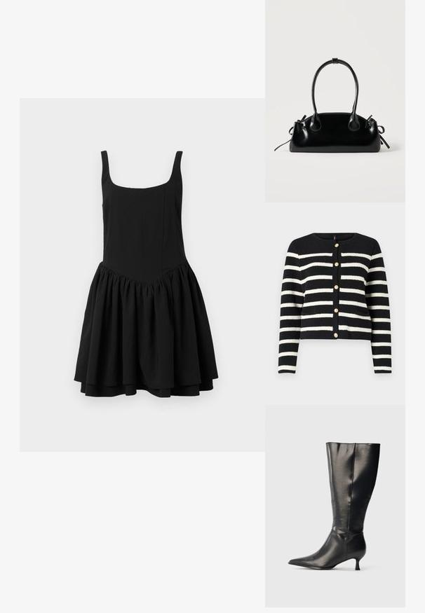 Cardigan rayé noir et blanc avec un col rond, boutons dorés sur le devant et deux poches avant. Tissu en maille texturée.; Robe noire sans manches avec une encolure carrée, un corsage ajusté et une jupe évasée froncée ; texture lisse et couleur unie.; Botte en cuir noire montant jusqu'au genou, avec un bout pointu et un petit talon bas, présentée sur un fond clair uni.; Petit sac à main noir brillant avec deux longues anses et des détails à cordon sur les côtés sur un fond clair uni.