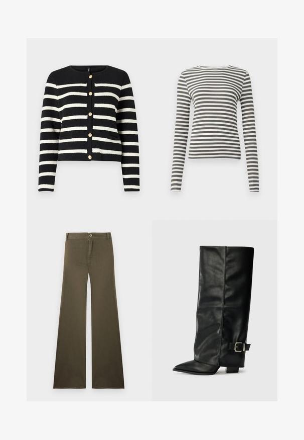 Cardigan rayé noir et blanc avec un col rond, boutons dorés sur le devant et deux poches avant. Tissu en maille texturée.; T-shirt à manches longues en vert olive et rayures blanches. Texture côtelée, encolure ronde et coupe ajustée. Pas de matériel ou d'accents visibles.; Pantalon large taille haute couleur vert olive avec fermeture à boutons et fermeture éclair, poches avant et passants pour ceinture.; Bottes noires en cuir longueur cheville avec un bout pointu, texture lisse et une accent en boucle argentée sur le côté. Talon carré épais.