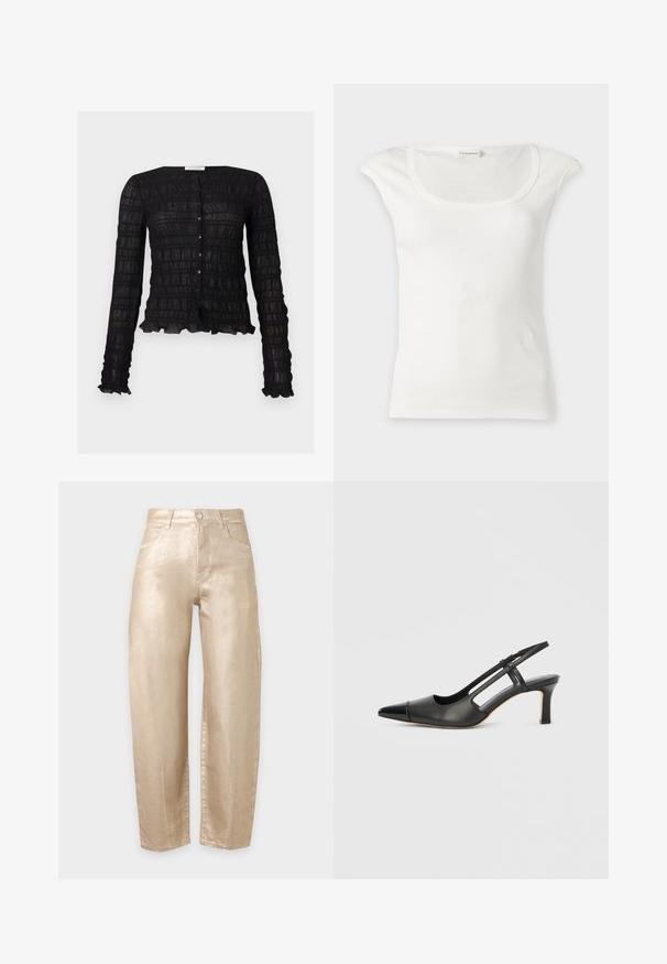 Blouse noire à manches longues avec boutons, motif en grille texturée et bords froncés aux poignets et à l'ourlet.; Haut blanc sans manches côtelé avec un col rond et de petites épaulettes, présenté sur un fond clair uni.; Pantalon taille haute, jambes droites, en tissu beige brillant avec poches avant, passants de ceinture et fermeture par bouton à l'avant.; Chaussure à bride arrière en cuir noir avec bout pointu, dotée d'un accent brillant sur le bout et d'un talon de hauteur moyenne. Design latéral ouvert.