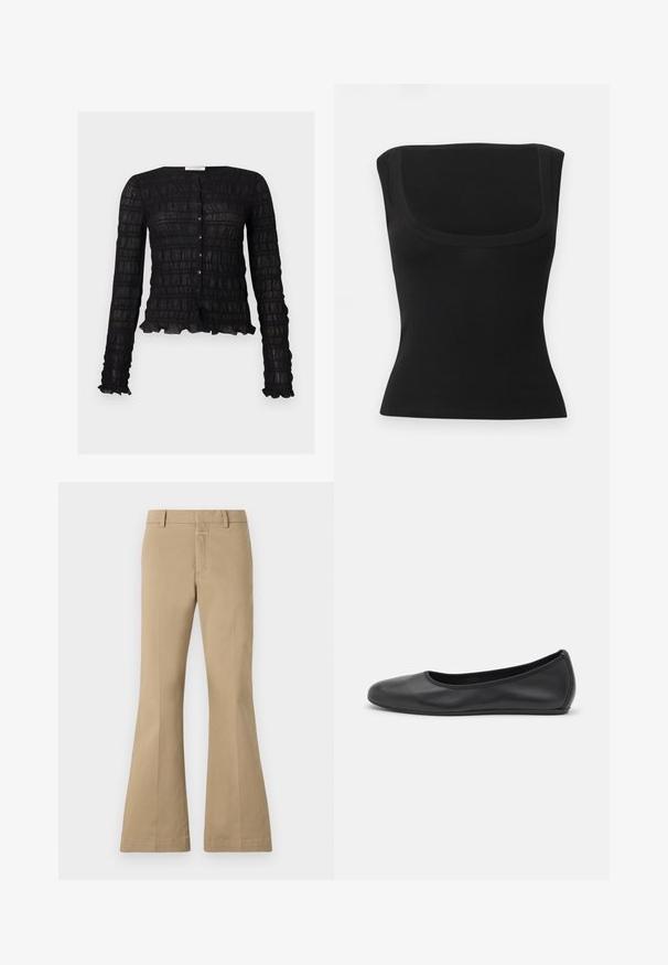 Blouse noire à manches longues avec boutons, motif en grille texturée et bords froncés aux poignets et à l'ourlet.; Haut noir ajusté sans manches avec un large décolleté carré et un tissu lisse, présenté sur un fond clair uni.; CLOSED FELISE - Pantalon classique - urban beige; Ballerines en cuir noir avec un bout rond, texture lisse, détails de couture minimalistes et design de semelle flexible.