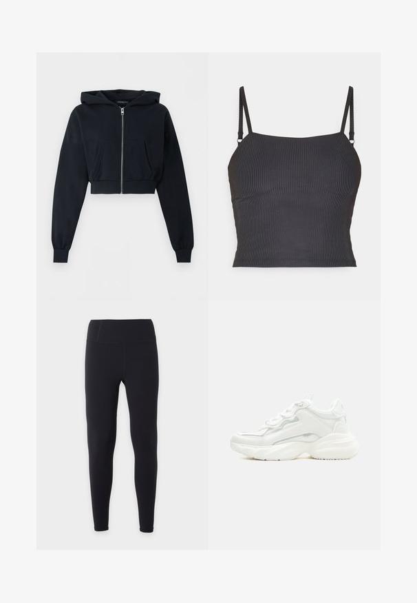 Schwarzer kurzer Hoodie mit Frontreißverschluss, Kängurutasche, langen Ärmeln und gerippten Bündchen auf einfarbigem Hintergrund.; Schwarzes geripptes Trägertop mit dünnen verstellbaren Trägern und taillierter Passform, das eine glatte Textur und einen geraden Halsausschnitt aufweist.; Schwarze, hoch taillierte Leggings in voller Länge mit glattem Finish, flach auf weißem Hintergrund dargestellt, ohne sichtbare Logos oder Muster.; Weißer klobiger Sneaker mit dicker Sohle, Schnürverschluss vorne und glattem, synthetischem Obermaterial mit dezenten Steppnähten.
