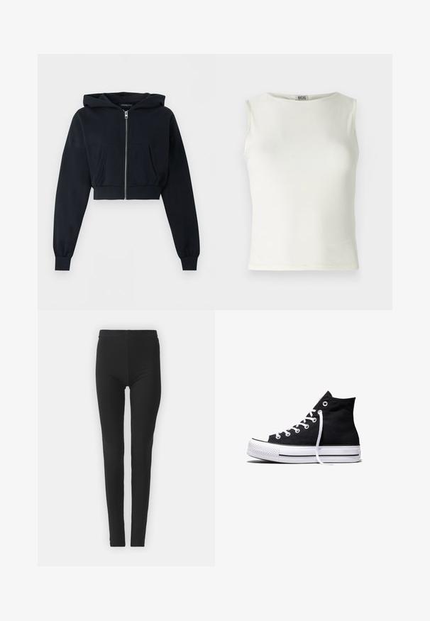 Zwarte cropped hoodie met ritssluiting aan de voorkant, kangoeroezak, lange mouwen en geribde boorden op een effen achtergrond.; Witte mouwloze top van gladde stof, met een ronde halslijn en schone randen, met een aansluitende silhouet. Merkenlabel zichtbaar.; Zwarte, rekbare leggings met een strakke pasvorm, uitgerust met een hoge tailleband en een gladde textuur. Geen zichtbare patronen of hardwaredetails.; Zwarte hooggesloten canvas sneaker met witte rubberen zool en witte veters, zijwaarts weergegeven op een witte achtergrond.