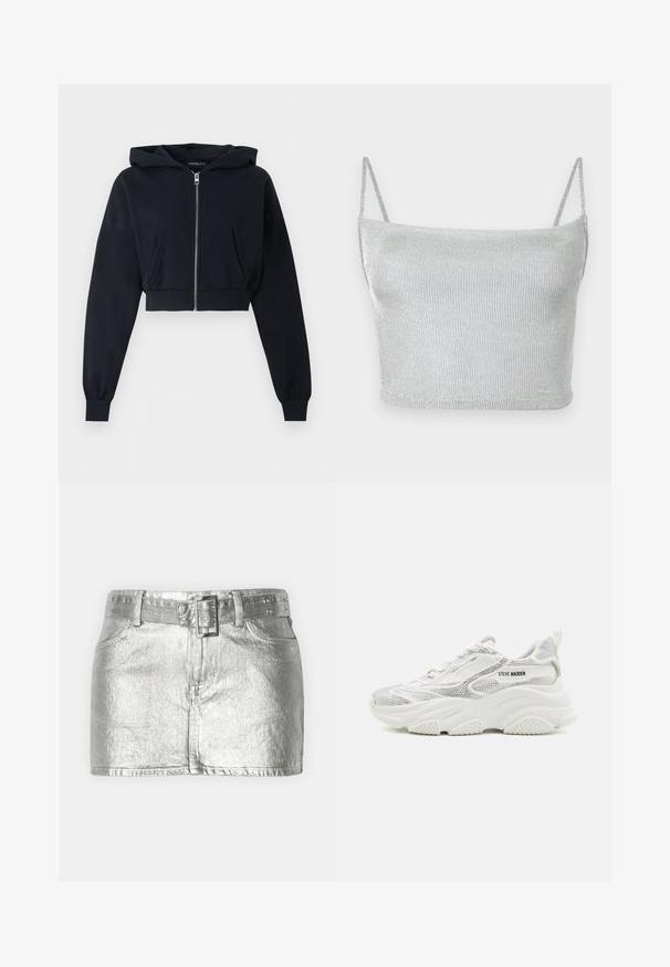 Sort cropped hættetrøje med lynlås foran, kengurulomme, lange ærmer og ribkant ved ærmeenderne på ensfarvet baggrund.; Sølvmetallic strikket cropped top med tynde justerbare stropper. Tætsiddende design og glat tekstur. Ingen mønstre eller synlige hardware-detaljer.; Sølvmetallic denimnederdel med bælte i taljen, der har fire lommer, lynlås foran og en let slidt tekstur.; Hvide atletiksneakers med en tekstureret sølvfarvet mesh-overdel og chunky hvid sål. Har branding på siden og en trækflap bagpå.