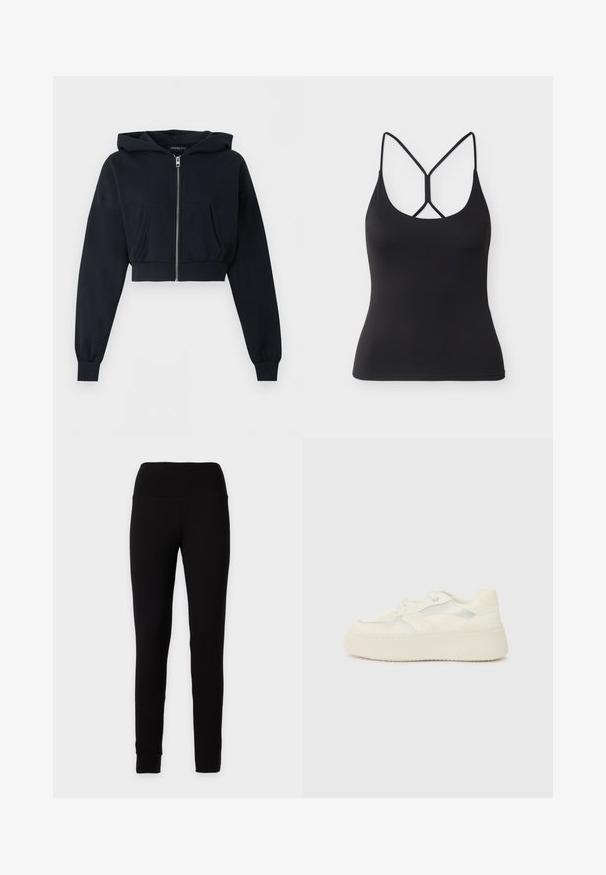 Zwarte cropped hoodie met ritssluiting aan de voorkant, kangoeroezak, lange mouwen en geribde boorden op een effen achtergrond.; Zwart aansluitend hemd met dunne bandjes en een uniek kruislingse ontwerp aan de achterkant op een lichtgrijze achtergrond.; Effen zwarte high-waist legging met een aangesloten silhouet en enkellange pijpen, getoond op een neutrale achtergrond.; Witte platform sneakers met een glad lederen bovenwerk, gestikte accenten en metalen zijstrepen. Ronde neus en platte rubberen zool.