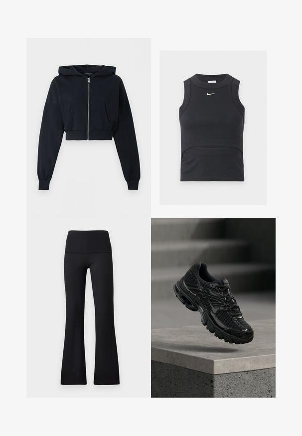 Zwarte cropped hoodie met ritssluiting aan de voorkant, kangoeroezak, lange mouwen en geribde boorden op een effen achtergrond.; Zwarte mouwloze cropped sporttop met geribbelde textuur en wit Nike swoosh-logo op de borst.; Zwarte geribbelde uitlopende leggings met een brede tailleband, voorzien van een gladde textuur zonder zichtbare hardware of patronen.; Zwarte Nike hardloopschoen met mesh en synthetische bovenkant die boven een betonnen oppervlak en trappen op de achtergrond zweeft.