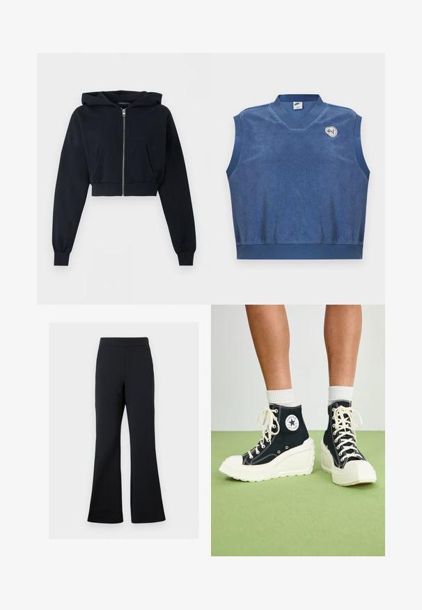 Zwarte cropped hoodie met ritssluiting aan de voorkant, kangoeroezak, lange mouwen en geribde boorden op een effen achtergrond.; Mouwloos blauw Nike terrycloth vest met V-hals kraag en klein wit-blauw geborduurd logo op de bovenste linkerborst.; Zwarte flared broeken van zachte stof met een elastische tailleband en een discrete zijzakdetail, met een gladde textuur en minimalist ontwerp.; Zwarte high-top sneakers met een verhoogde witte plateauzool, voorzien van witte veters en een ronde logopatch aan de zijkant. Textured canvasmateriaal.