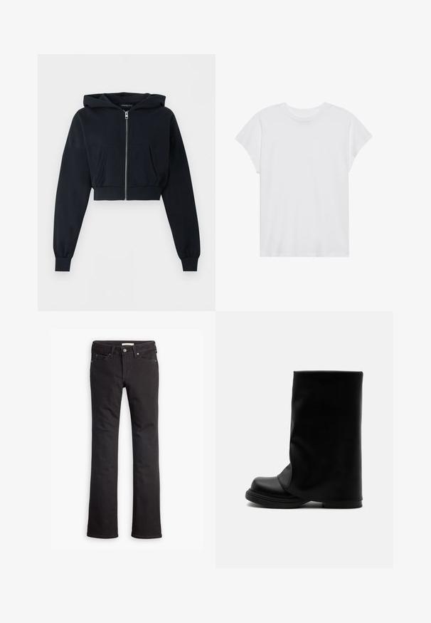 Zwarte cropped hoodie met ritssluiting aan de voorkant, kangoeroezak, lange mouwen en geribde boorden op een effen achtergrond.; Witte t-shirt met korte mouwen, ronde hals, relaxte pasvorm, gemaakt van zacht katoen. Glad textuur, geen patronen of logo's.; Zwarte jeans van denim, met een recht toelopende pijp, standaard taille, vijf zakken en subtiele stiksels.; Zwarte hoge leren laars met een brede, losse bovenkant en een dikke, afgeronde zool op een witte achtergrond.