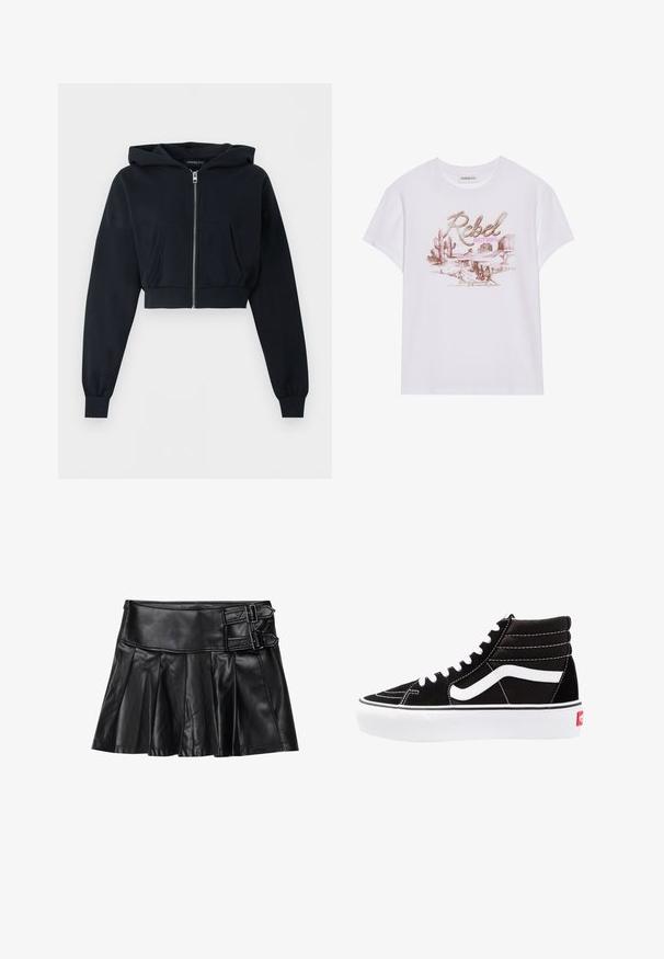 Sort cropped hættetrøje med lynlås foran, kengurulomme, lange ærmer og ribkant ved ærmeenderne på ensfarvet baggrund.; Hvid bomulds T-shirt med et grafisk print, der viser ordene "Rebel Dusty Boots", kaktusser og ørkenlandskaber i pink og brune nuancer.; Sort læderskirt med pliser, bred talje og to spænde-accenter på siden. Glat tekstur med en blank finish.; Sorte høj-top sneakers med hvide snørebånd, et hvidt logo og kontrasterende hvid syning. Har en tyk hvid sål og struktureret ruskindsoverdel.
