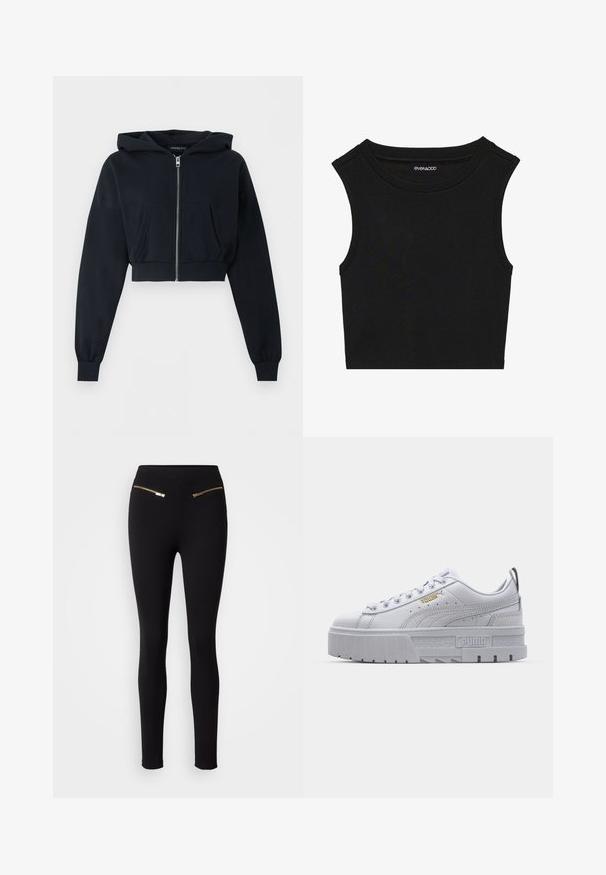 Zwarte cropped hoodie met ritssluiting aan de voorkant, kangoeroezak, lange mouwen en geribde boorden op een effen achtergrond.; Zwarte mouwloze crop top met een geribbelde textuur. Heeft een ronde halslijn en brede schoudernaden. Gemaakt van rekbaar materiaal.; Zwarte leggings met een gladde textuur, voorzien van twee gouden ritszakken aan de voorkant. Het ontwerp is aansluitend en taps toelopend bij de enkels.; Witte platform sneakers met een leren bovenwerk, gevoerde kraag, grijze rubberen zool en gouden accenten met het Puma-logo.
