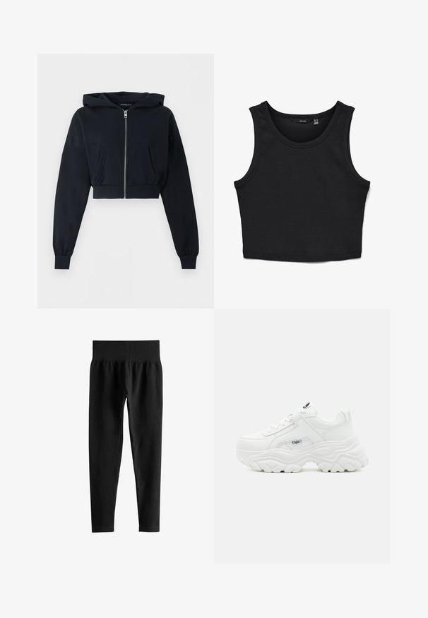Zwarte cropped hoodie met ritssluiting aan de voorkant, kangoeroezak, lange mouwen en geribde boorden op een effen achtergrond.; Zwarte kortere tanktop gemaakt van ribgebreid stof. Heeft brede schouderbanden en een ronde halslijn met een slanke pasvorm.; Zwarte geribde leggings met hoge taille, brede elastische tailleband en volledige smalle pijpen op een witte achtergrond.; Witte chunky sneakers met een soepel leren bovenwerk, ronde neus en een dikke, gestructureerde zool met een zichtbaar merklogo aan de zijkant.