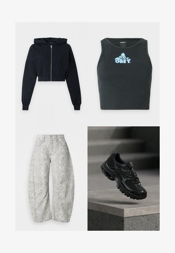 Sweat à capuche court noir avec fermeture éclair à l’avant, poche kangourou, manches longues et poignets côtelés sur fond uni.; Débardeur court en coton noir à côtes, présentant un logo graphique bleu clair centré sur la poitrine. Design sans manches avec un col rond.; Jeans larges à imprimé serpent en gris clair et crème. Matériau en denim, design à cinq poches avec des coutures visibles et une fermeture à bouton.; Chaussure de course noire Nike avec tige en mesh et synthétique flottant au-dessus d'une surface en béton avec des marches en arrière-plan.