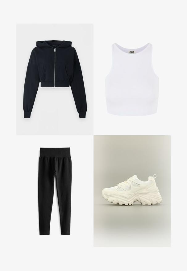 Schwarzer kurzer Hoodie mit Frontreißverschluss, Kängurutasche, langen Ärmeln und gerippten Bündchen auf einfarbigem Hintergrund.; Weißes, geripptes, kurzes Tanktop mit breiten Trägern und einem runden Ausschnitt. Hat eine weiche Textur und ein minimalistisches Design ohne Muster.; Schwarze gerippte Leggings mit einem breiten elastischen Bund, das eine taillierte Silhouette und eine glatte Textur aufweist. Keine sichtbaren Beschläge oder Muster.; Weißer klobiger Sneaker mit dicker strukturierter Sohle, Mesh-Einsätzen, Schnürung vorne und Zuglasche an der Ferse auf neutralem Hintergrund.