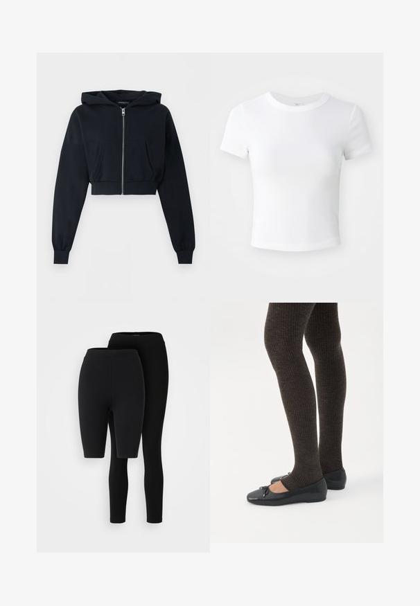 Sort cropped hættetrøje med lynlås foran, kengurulomme, lange ærmer og ribkant ved ærmeenderne på ensfarvet baggrund.; Simpel hvid kortærmet cropped t-shirt med rund halsudskæring, præsenteret på en neutral lys baggrund.; To sæt sorte leggings: et par hele længde og et par knælængde. Lavet af blødt, strækbart materiale med en glat, ensartet tekstur.; Ben iført mørke ribbede leggings kombineret med sorte balletsko med små sløjfedetaljer på hvid baggrund.