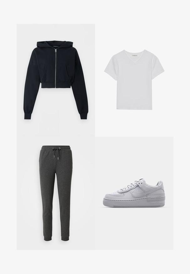 Zwarte cropped hoodie met ritssluiting aan de voorkant, kangoeroezak, lange mouwen en geribde boorden op een effen achtergrond.; Witte T-shirt met korte mouwen en V-hals, gemaakt van ribbelstof. Heeft een strakke ontwerp met een rechte zoom en minimale details.; Donkergrijze sweatpants van zacht materiaal, met een elastische tailleband met trekkoord, taps toelopende broekspijpen en enkelmanchetten.; Grijze Nike Air Force 1 sneaker met geperforeerde neus, glad leren bovenwerk, dikke zool en verhoogde 'AIR' details op de hiel.