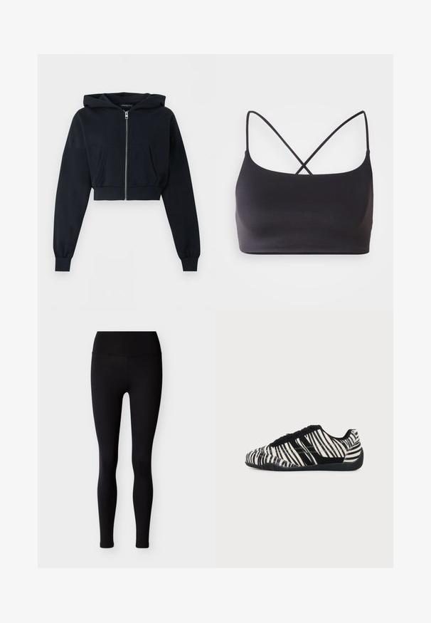 Sort cropped hættetrøje med lynlås foran, kengurulomme, lange ærmer og ribkant ved ærmeenderne på ensfarvet baggrund.; Sort bralette med en glat overflade, der har tynde stropper, som krydser hinanden på ryggen for et minimalistisk design.; Sorte leggings lavet af elastisk stof med en høj talje og tætsiddende design. Glat tekstur uden mønstre eller pynt.; Sort-hvid snørebåndssneaker med zebra-stribemønster og tekstureret sort sål på en ensartet lys baggrund.
