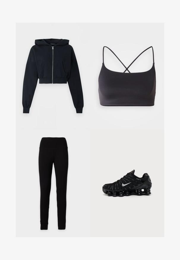 Sweat à capuche court noir avec fermeture éclair à l’avant, poche kangourou, manches longues et poignets côtelés sur fond uni.; Bralette noire au toucher lisse, dotée de fines bretelles qui se croisent dans le dos pour un design minimaliste.; Legging noir uni taille haute avec une silhouette ajustée et des jambes longueur cheville, présenté sur un fond neutre.; Chaussure de sport Nike noire avec logo Swoosh argenté, tige en mesh et synthétique, et semelle coussinée segmentée distinctive.