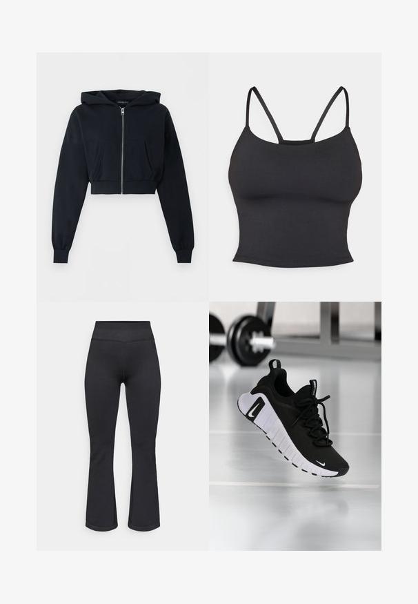 Zwarte cropped hoodie met ritssluiting aan de voorkant, kangoeroezak, lange mouwen en geribde boorden op een effen achtergrond.; Zwarte aansluitende camisole van gladde stof, met dunne bandjes en een ronde halslijn, zonder extra patronen of accenten.; Zwarte flarebroek gemaakt van gestructureerde stof met een hoge tailleband. Het ontwerp kenmerkt zich door een nauwsluitende pasvorm bij de heupen en een uitlopende zoom.; Zwarte sportschoen met een textuurstof bovenwerk, witte zool en een opvallend vetersysteem. Voorzien van een Nike-logo en een zacht, gedempt ontwerp.