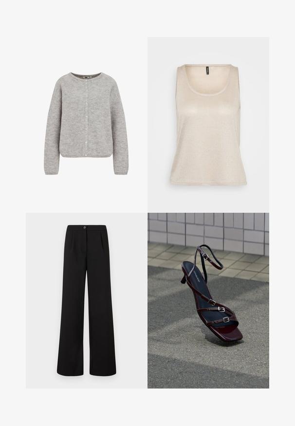 Grå strikket cardigan med rund halsudskæring, knaplukning og lange ærmer. Har et blødt, struktureret stof og en afslappet pasform.; Lys beige udenærmet top med en rund halsudskæring, lavet af et blødt, glitrende materiale, der har en afslappet pasform og buet kant.; Sorte højtaljede bukser med brede ben, der har frontknap og lynlås-lukning, og med subtile plisseringer under taljen.; Mørkerød højhælet sandal med stropper og spænder på asfaltbelægning og flisevæg i baggrunden.