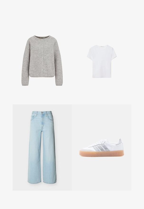 Gilet tricoté gris avec un col rond, une fermeture à boutons et des manches longues. Il se distingue par un tissu doux et texturé et une coupe décontractée.; T-shirt blanc à manches courtes en tissu doux. Dispose d'un col rond et d'un design simple et épuré avec un ourlet droit.; Jean bleu clair à jambes larges avec une fermeture avant à boutons et zip, des passants de ceinture, et un design classique à cinq poches.; Baskets basses blanches avec semelle gomme, accents argentés rayés sur le côté, et fermeture à lacets, présentées sur un fond clair uni.
