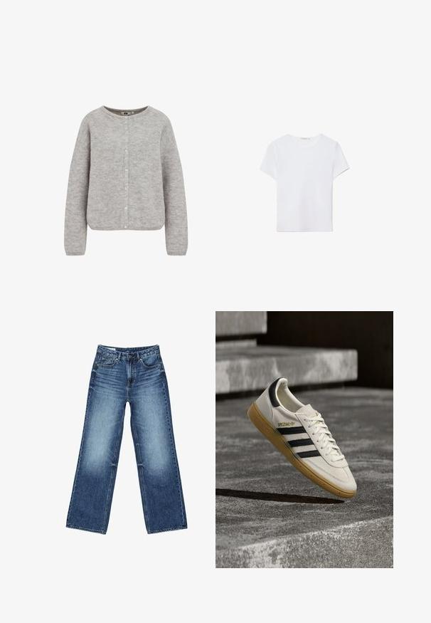 Grauer gestrickter Cardigan mit einem runden Ausschnitt, Knopfverschluss und langen Ärmeln. Aus einem weichen, strukturierten Stoff mit einer lockeren Passform.; Weißes kurzärmliges T-Shirt aus weichem Stoff. Hat einen runden Halsausschnitt und ein einfaches, sauberes Design mit geradem Saum.; Blaue Jeans mit weitem Bein, ausgestattet mit vorderen und Münztaschen, Knopfverschluss und ausgewaschenen Bereichen an Oberschenkeln und Knien.; Weißer Adidas Spezial Sneaker mit schwarzen Streifen und Kautschuksohle, der über grauen Steinstufen im Freien schwebt.