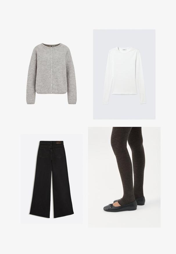Grå strikket cardigan med rund halsudskæring, knaplukning og lange ærmer. Har et blødt, struktureret stof og en afslappet pasform.; Langærmet, enkel hvid T-shirt med rund halsudskæring og tætsiddende pasform, vist mod en lysegrå baggrund.; Sort vidde jeans med baglommer og bæltestropper på linningen, set bagfra.; Ben iført mørke ribbede leggings kombineret med sorte balletsko med små sløjfedetaljer på hvid baggrund.