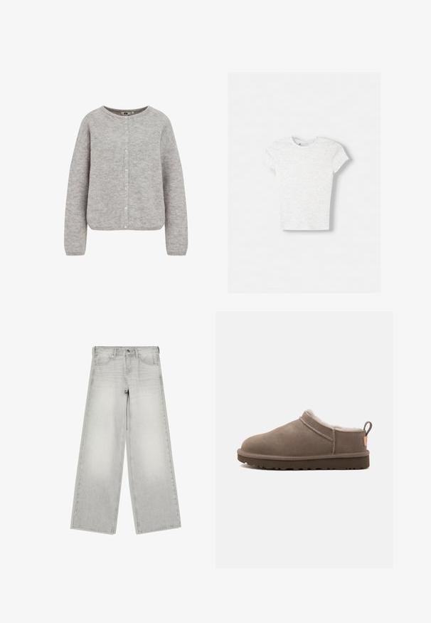 Grijze gebreide cardigan met een ronde halslijn, knoopsluiting en lange mouwen. Beschikt over een zachte, gestructureerde stof en een relaxte pasvorm.; Lichtgrijs kortärm T-shirt gemaakt van zachte, gestructureerde stof. Klassieke ronde halslijn met een reguliere pasvorm en een minimalistisch ontwerp.; Lichtgrijze jeans met wijde pijpen, knoop- en ritssluiting, voorzakken en riemlussen, plat weergegeven op een witte achtergrond.; Low-cut taupe suède pantoffel met witte fleece voering, donkere rubberen zool en een trekhaak bij de hiel, zijaanzicht op witte achtergrond.