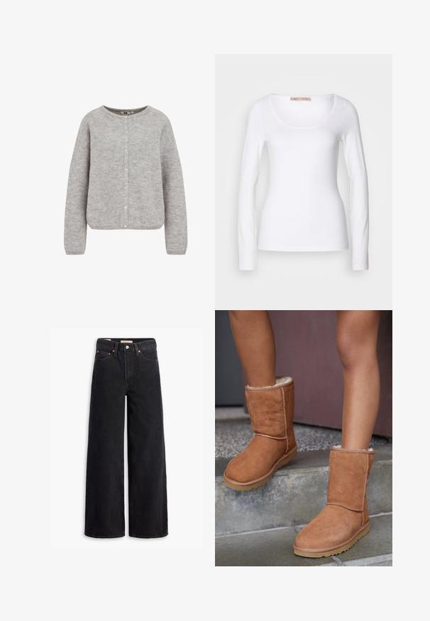 Grå strikket cardigan med rund halsudskæring, knaplukning og lange ærmer. Har et blødt, struktureret stof og en afslappet pasform.; Langærmet hvid bomulds T-shirt med rund halsudskæring og tætsiddende design, med glat tekstur og uden udsmykninger.; Sorte brede benjeans lavet af denim, med fem lommer, kobbernitter og en klassisk knaplukning. Glat tekstur med et rent design.; Brune ruskind ankelstøvler med rund tå, blødt foer og gummisål, der har synlige stikninger langs sømmene.