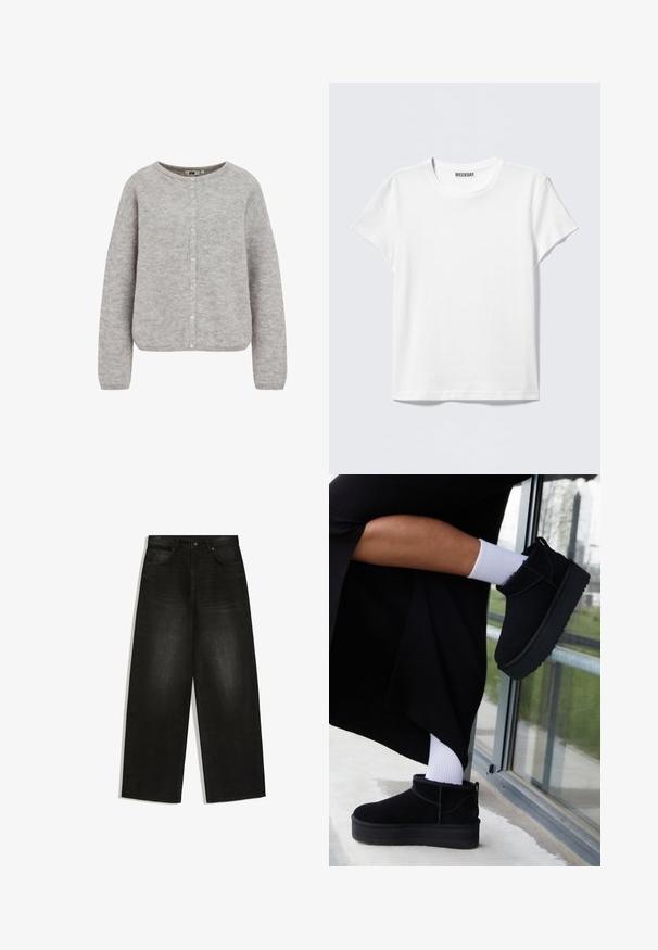 Grijze gebreide cardigan met een ronde halslijn, knoopsluiting en lange mouwen. Beschikt over een zachte, gestructureerde stof en een relaxte pasvorm.; Effen wit T-shirt met korte mouwen en een ronde hals met een "WEEKDAY" label aan de binnenkant van de kraag, getoond op een lichtgrijze achtergrond.; Zwarte denim jeans met wijde pijpen, knoop- en ritssluiting aan de voorkant, riemlussen en twee voorzakken op een witte achtergrond.; Zwarte suède enkellaarsjes met een platte zool, voorzien van een achterste lus, gedragen met witte enkelsokken tegen een minimalistische achtergrond.
