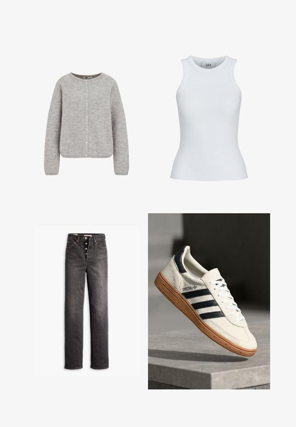 Grauer gestrickter Cardigan mit einem runden Ausschnitt, Knopfverschluss und langen Ärmeln. Aus einem weichen, strukturierten Stoff mit einer lockeren Passform.; Weißes, geripptes Tanktop mit runder Ausschnittform und ärmellosem Design. Hat eine Slim-Fit-Passform und eine weiche Textur, ideal zum Lagenlook.; Schwarze hochgeschnittene Jeans mit geradem Bein, aus Denim gefertigt. Verfügt über einen Knopfverschluss, Kupferakzente und Kontrastnähte.; Weiße Wildleder-Sneaker mit marineblauen Streifen, Gummisohle, strukturiertem Obermaterial, runder Zehenform und Schnürung; mit Branding an der Seite und auf der Zunge.