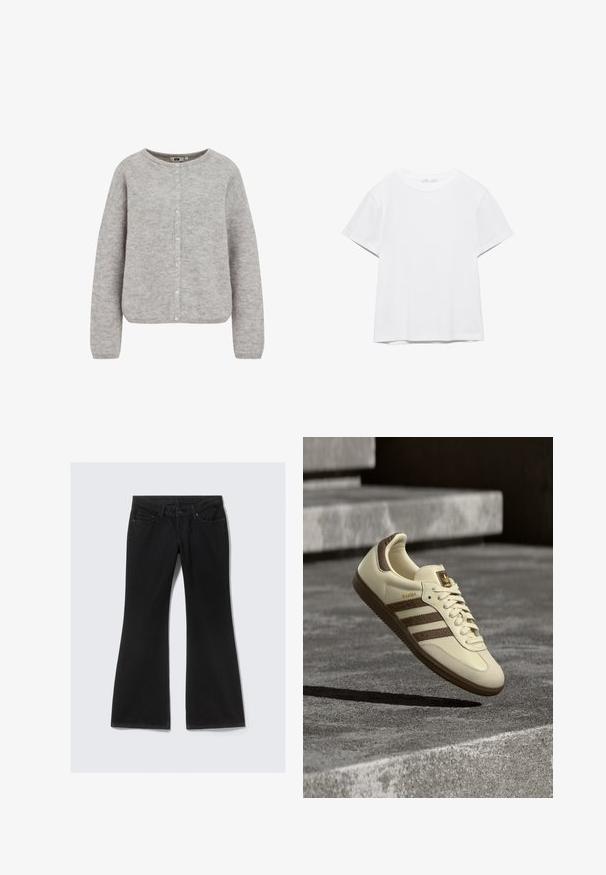 Grijze gebreide cardigan met een ronde halslijn, knoopsluiting en lange mouwen. Beschikt over een zachte, gestructureerde stof en een relaxte pasvorm.; Effen wit T-shirt met korte mouwen en ronde hals, met een rechte zoom, gepresenteerd tegen een witte achtergrond.; Zwarte denim jeans met een middelhoog taille, vijf zakken en flared pijpen, plat neergelegd op een lichte achtergrond.; Crèmekleurige sneaker met bruine accenten, getextureerde zijstrepen en een glad leren afwerking. Voorzien van een veterontwerp en een rubberen zool.
