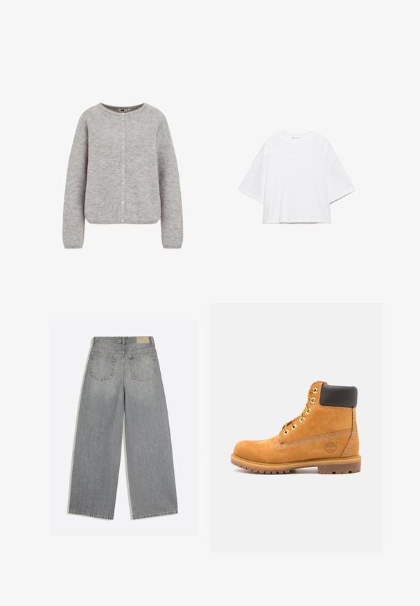 Grijze gebreide cardigan met een ronde halslijn, knoopsluiting en lange mouwen. Beschikt over een zachte, gestructureerde stof en een relaxte pasvorm.; Wit, kort mouw, boxy t-shirt gemaakt van zacht katoen. Heeft een ronde hals en brede mouwen, met een strak, eenvoudig ontwerp.; Grijze wijde denim jeans met achterkant met twee zakken en riemlussen plat op een witte achtergrond gelegd.; Bruine leren enkelboot met zwarte voering, gouden oogjes en een gestructureerde zool. Kenmerkt zich door een cirkelvormig logo aan de zijkant en stikselaccenten.