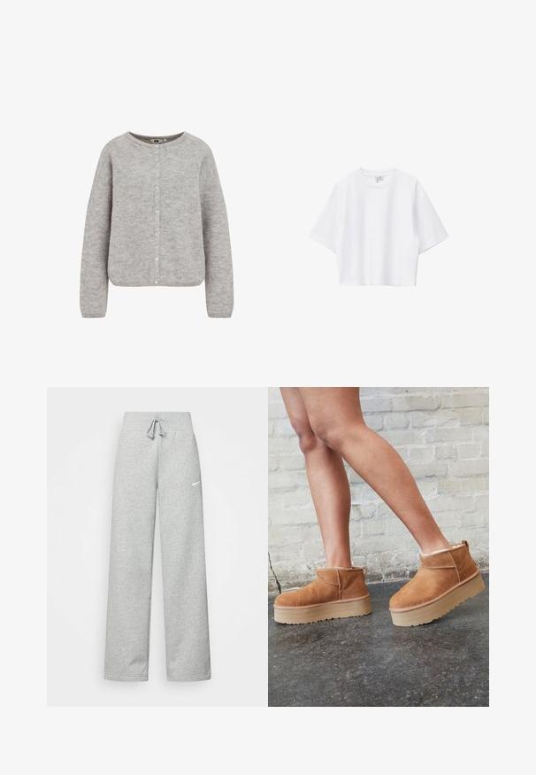 Grijze gebreide cardigan met een ronde halslijn, knoopsluiting en lange mouwen. Beschikt over een zachte, gestructureerde stof en een relaxte pasvorm.; Witte cropped T-shirt van zacht katoen met een ronde hals, korte mouwen en een comfortabele pasvorm. Eenvoudig en veelzijdig ontwerp.; Grijze sweatpants met een elastische tailleband, een trekkoord-detail en een klein wit Nike-logo op de linkerdij. Zachte stof, losvallend.; Bruine suède enkelboots met een zachte voering, dikke beige plateauzool en een achterste lus. Getextureerde oppervlakte met zichtbare stiksels.