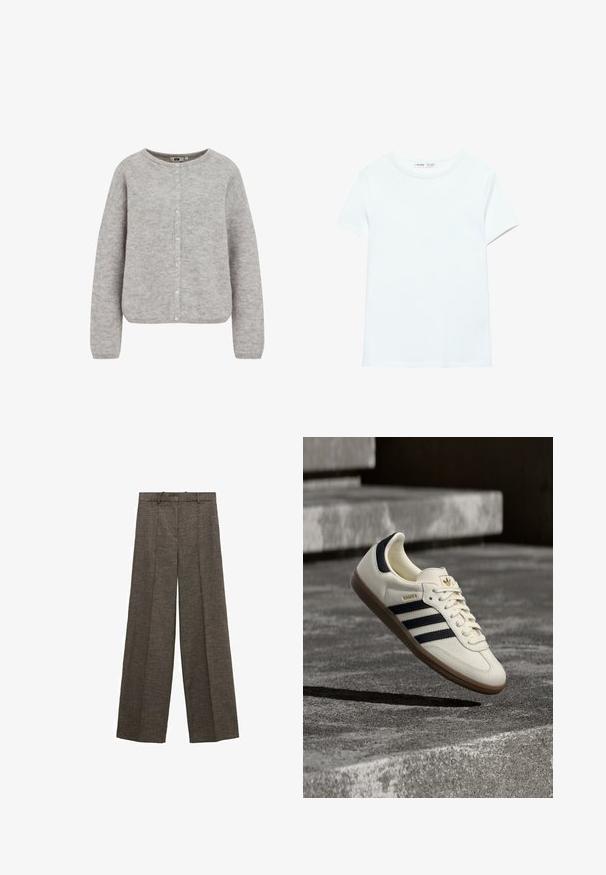 Grauer gestrickter Cardigan mit einem runden Ausschnitt, Knopfverschluss und langen Ärmeln. Aus einem weichen, strukturierten Stoff mit einer lockeren Passform.; Schlichtes weißes Baumwoll-T-Shirt mit kurzen Ärmeln und Rundhalsausschnitt, flach auf weißem Hintergrund dargestellt, ohne sichtbare Muster oder Logos.; Braune Hosen mit weitem Bein, vorderen Falten, Gürtelschlaufen und strukturiertem Stoff.; Weißer Adidas Samba Sneaker mit schwarzen Streifen und Gummisohle, schwebend über strukturierten grauen Betontreppen.