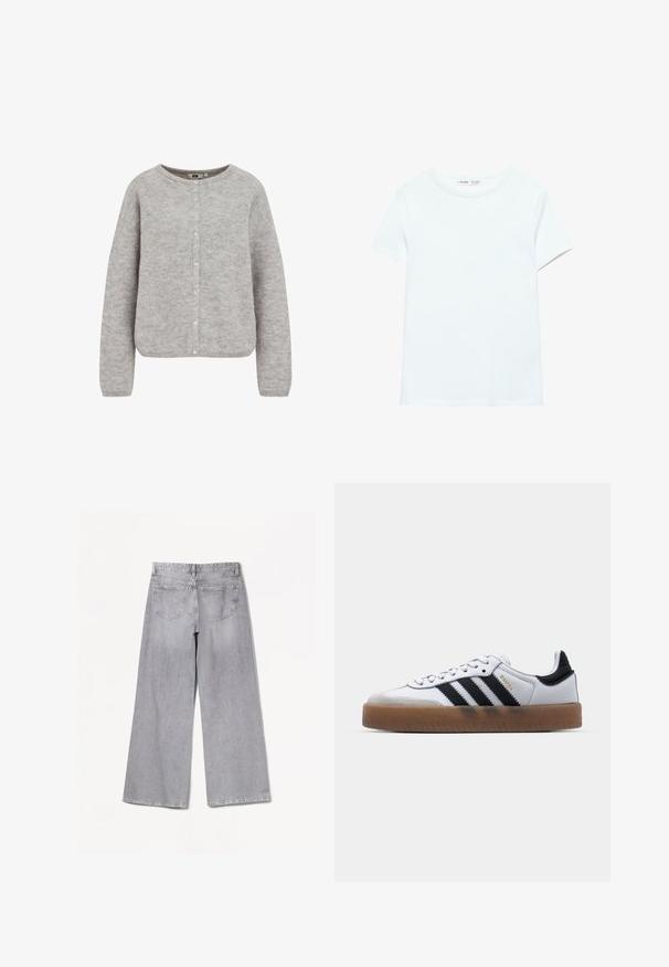Grå strikket cardigan med rund halsudskæring, knaplukning og lange ærmer. Har et blødt, struktureret stof og en afslappet pasform.; Ensfarvet hvid kortærmet bomuldst-shirt med rund hals, vist fladt på hvid baggrund, uden synlige mønstre eller logoer.; Grå brede jeans med høj talje, der har en glat tekstur, to baglommer og subtile syninger.; Hvide lædersneakers med sorte striber, gummirubber sål, rund tå, snørelukning og blød grå ruskinds tåhætte.