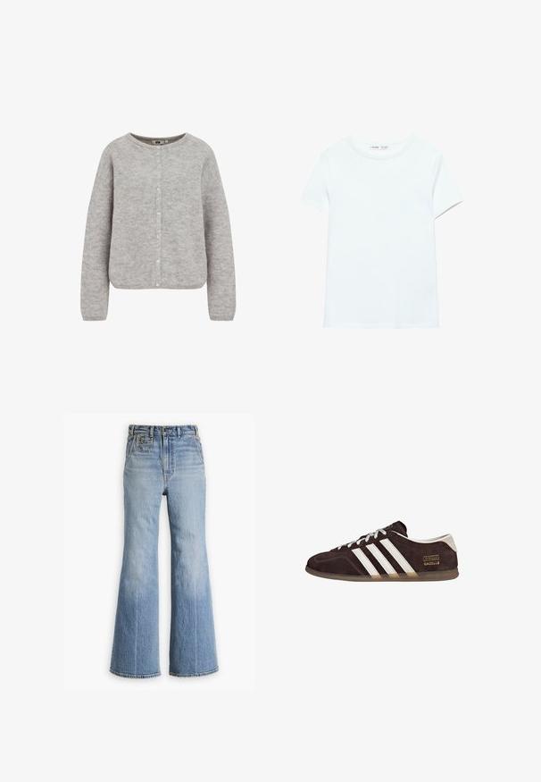 Gilet tricoté gris avec un col rond, une fermeture à boutons et des manches longues. Il se distingue par un tissu doux et texturé et une coupe décontractée.; T-shirt blanc uni en coton à manches courtes, col rond, présenté à plat sur un fond blanc, sans motifs ni logos visibles.; Jean flare en denim bleu clair avec taille haute, dotés d'une fermeture à bouton et à zip, d'une poche avant et d'un ourlet effiloché au bas.; Baskets en suède marron avec trois bandes blanches, semelle en caoutchouc, et étiquette avec le texte "Gazelle" en or. Fermeture à lacets avec lacets gris.