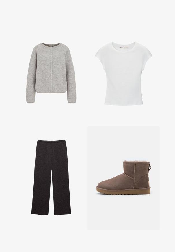 Grijze gebreide cardigan met een ronde halslijn, knoopsluiting en lange mouwen. Beschikt over een zachte, gestructureerde stof en een relaxte pasvorm.; Witte katoenen T-shirt met korte, opgerolde mouwen, een ronde halslijn en een rechte zoom. Gladde textuur zonder zichtbare patronen of accenten.; Donkergrijze wijde broek met een zachte, gestructureerde stof en een elastische tailleband, plat gelegd op een witte achtergrond.; Bruine suède enkelboot met een zachte fleece voering, een ronde neus, gestikte details en een gestructureerde rubberen zool voor grip.