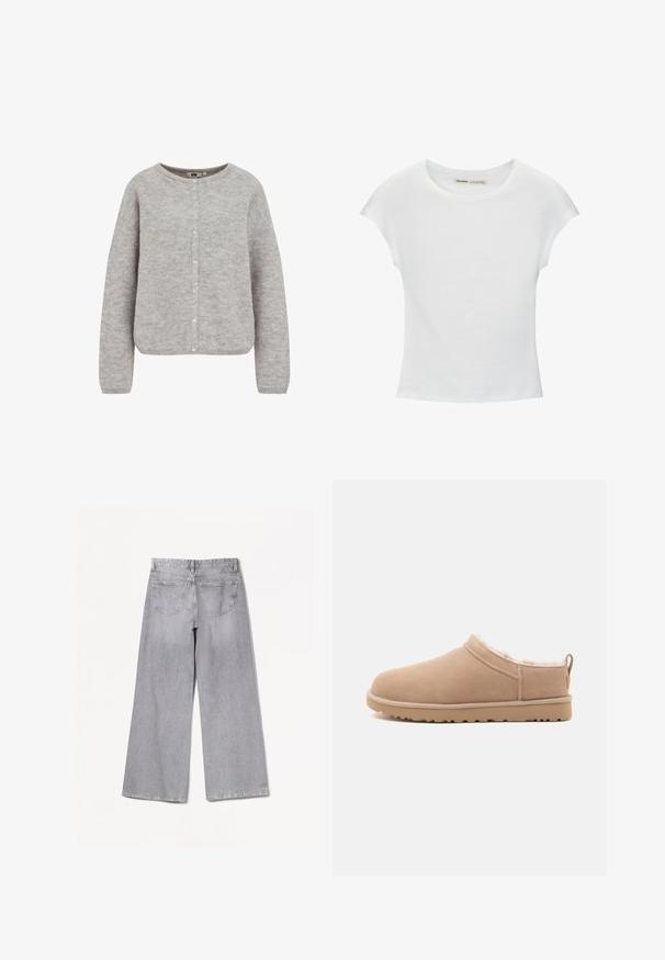 Grijze gebreide cardigan met een ronde halslijn, knoopsluiting en lange mouwen. Beschikt over een zachte, gestructureerde stof en een relaxte pasvorm.; Witte katoenen T-shirt met korte, opgerolde mouwen, een ronde halslijn en een rechte zoom. Gladde textuur zonder zichtbare patronen of accenten.; Grijze wijde jeans met een hoge taille, voorzien van een gladde textuur, twee achterzakken en subtiele stikseldetails.; Beige instap pantoffel met zachte suède buitenzijde, pluche witte bontvoering en rubberen zool met profiel, getoond in zijaanzicht.