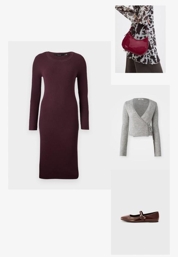 Cardigan enroulé gris en matière tricot douce, avec des manches longues, un décolleté en V profond et un détail à nouer à la taille.; Robe tricotée côtelée bordeaux avec des manches longues, un col rond, une silhouette ajustée et une longueur jusqu'aux genoux. Texture lisse et tissu extensible.; Ballerine en cuir verni marron avec un bout carré et une lanière ornée d'une petite boucle dorée. Texture lisse, talon bas et design minimaliste.; Femme portant un chemisier à motif noir et blanc tenant un sac à main rouge brillant sur un fond uni.