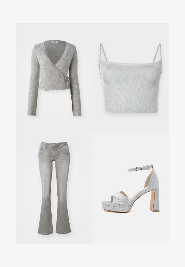 Grijze wikkelcardigan van zacht breigoed, met lange mouwen, een diepe V-hals en een strikdetail op de taille.; Zilverkleurige metallic gebreide crop top met dunne verstelbare bandjes. Strak model en gladde textuur. Geen patronen of zichtbare hardware details.; Grijze flared jeans met een middelhoge taille, voorkzakken en een knoopsluiting, gemaakt van denim stof met een gladde structuur.; Zilveren glinsterende plateausandaal met stevige hoge hak, gekruiste bandjes over de tenen en verstelbare enkelband met gesp.