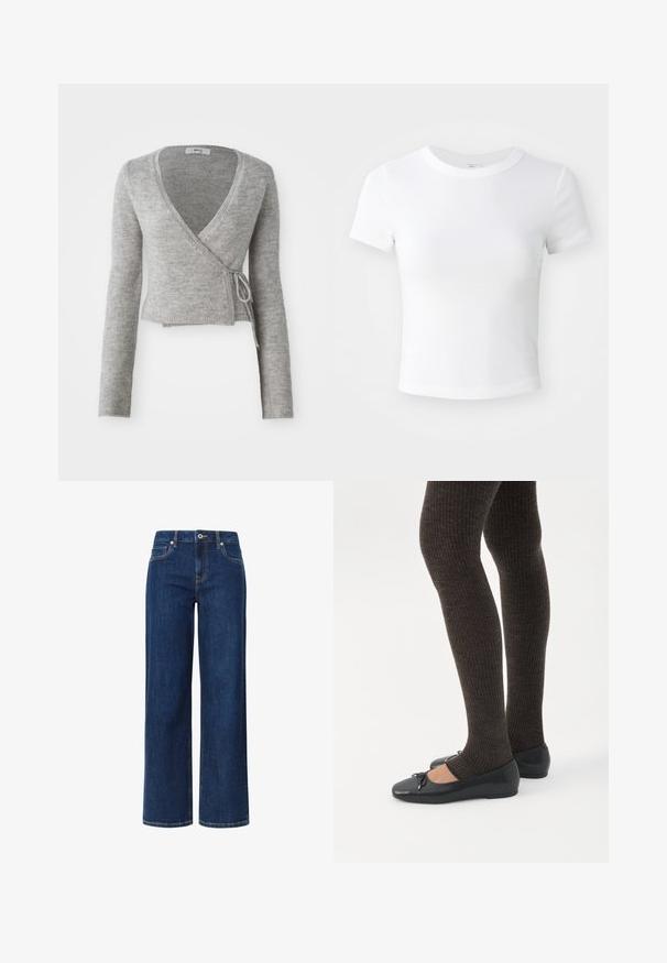 Grijze wikkelcardigan van zacht breigoed, met lange mouwen, een diepe V-hals en een strikdetail op de taille.; Effen witte cropped t-shirt met korte mouwen en ronde hals, weergegeven op een neutrale lichte achtergrond.; Wijd-uitlopende jeans in donkerblauwe denim met een gladde textuur, voorzien van een knoop- en ritssluiting, vijf zakken en contrasterende stiksels.; Benen met donkere geribbelde leggings gecombineerd met zwarte ballerina's met kleine strikdetails op een witte achtergrond.