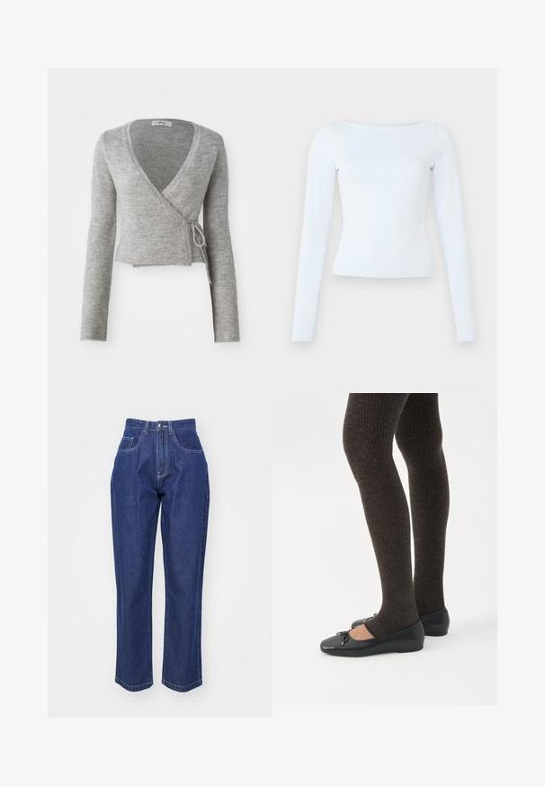 Grijze wikkelcardigan van zacht breigoed, met lange mouwen, een diepe V-hals en een strikdetail op de taille.; Langarm, lichtblauwe fitted top met een bootnek en een eenvoudig, strak ontwerp op een effen achtergrond.; Donkerblauwe denim jeans met een hoge taille, rechte pijpen, vijf zakken en contrasterende stiksels. Klassiek design met een soepele textuur.; Benen met donkere geribbelde leggings gecombineerd met zwarte ballerina's met kleine strikdetails op een witte achtergrond.