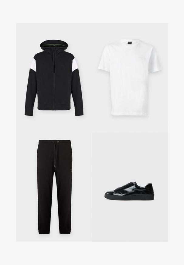 Sweat à capuche zippé noir avec des empiècements blancs sur le haut des manches, poches avant, capuche avec cordon et logo discret "BOSS" sur la poitrine.; T-shirt blanc à manches courtes et col rond avec un logo BOSS subtil sur la poitrine et une étiquette noire à l'intérieur du col.; Pantalon de jogging noir avec ceinture élastique et poignets, cordon de serrage ajustable, et poches latérales, présenté sur un fond blanc.; Baskets en cuir verni noir avec un bout arrondi, un laçage, une semelle en caoutchouc texturé et une finition lisse.